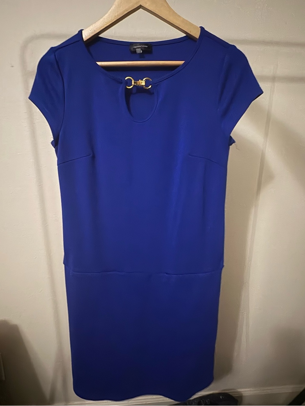 Spense Cobalt Blue Short-Sleeve Shift Dress with Gold Hardware